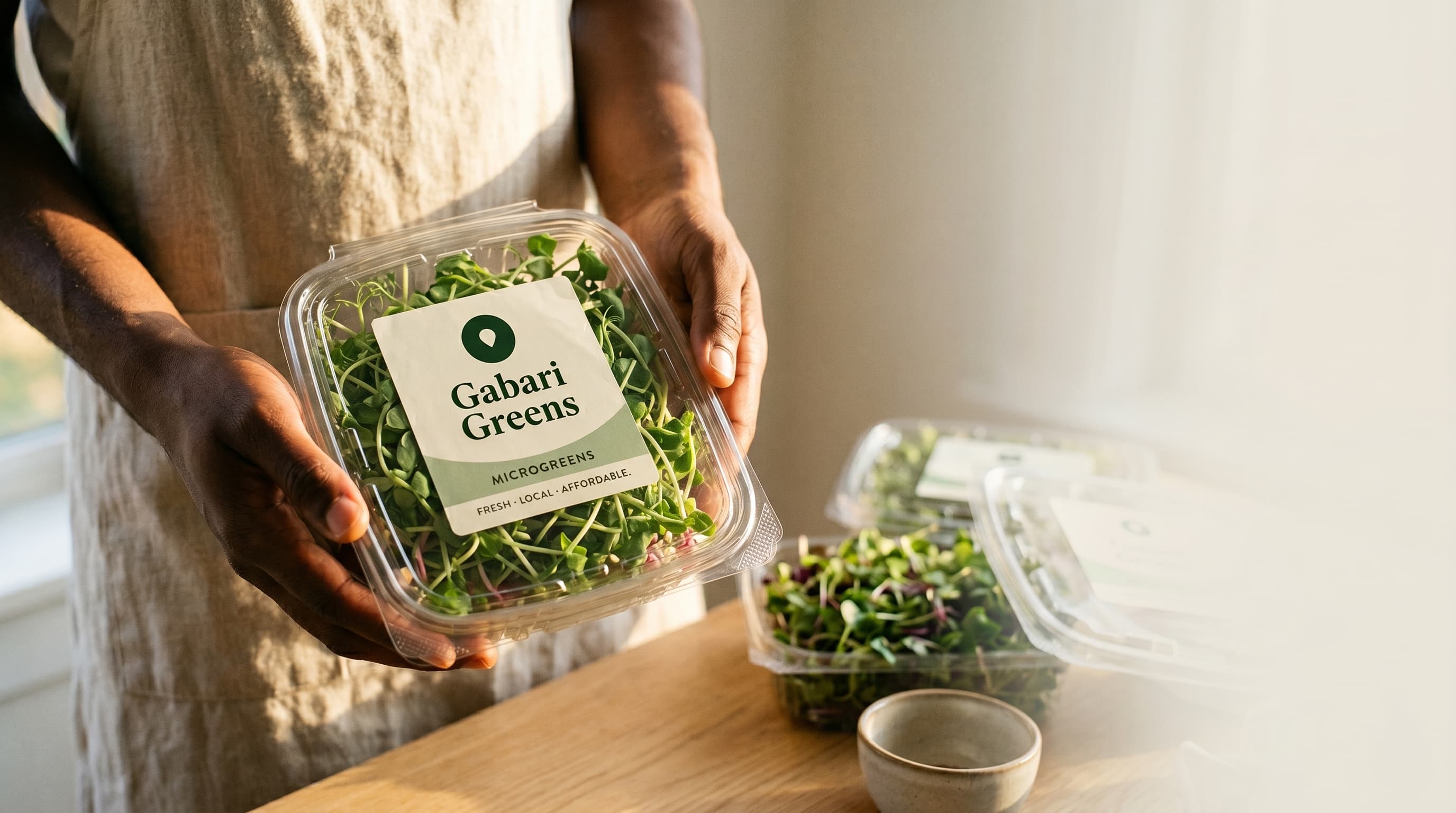 Gabari Greens founder lifting a fresh microgreens clamshell from a harvest table