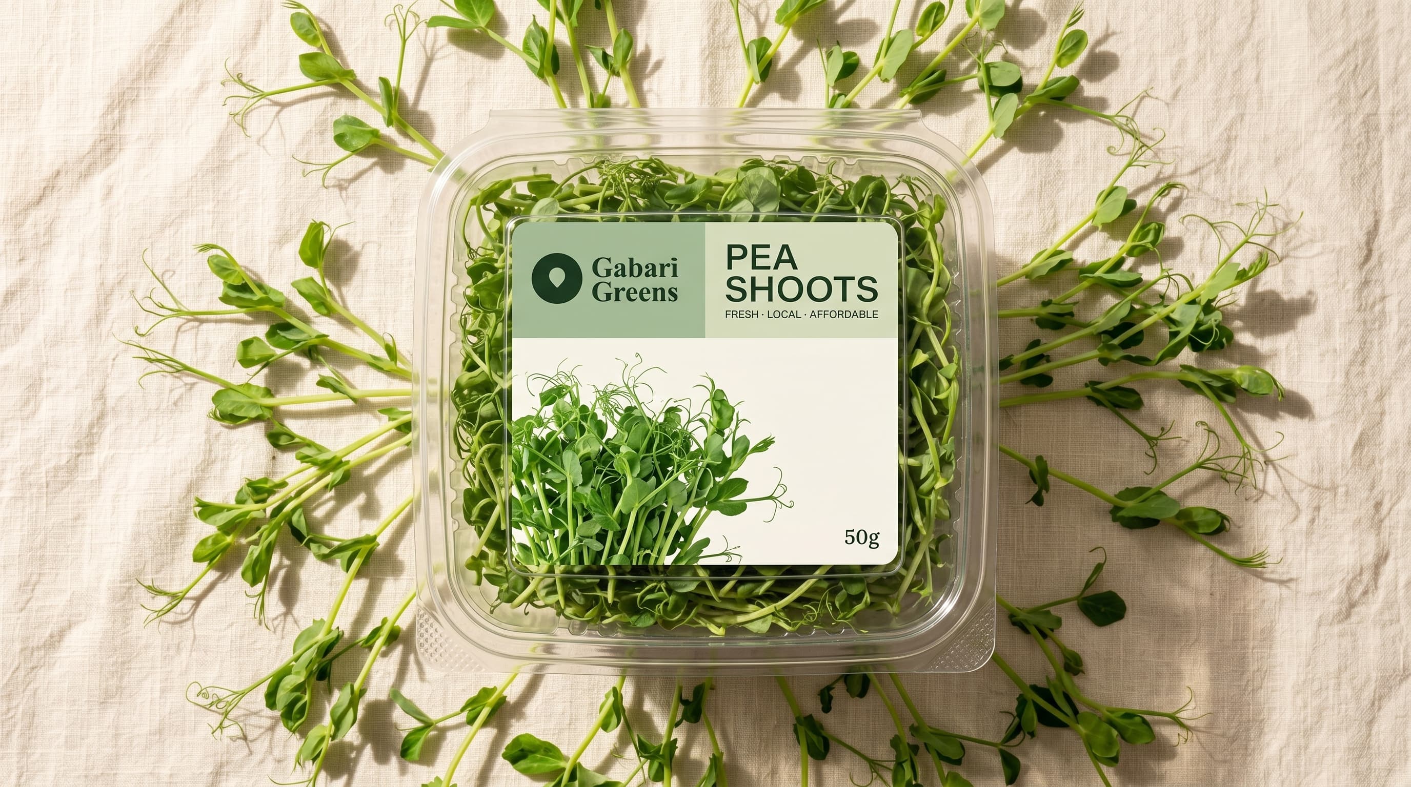Gabari Greens Pea Shoots microgreens in a 50g clamshell