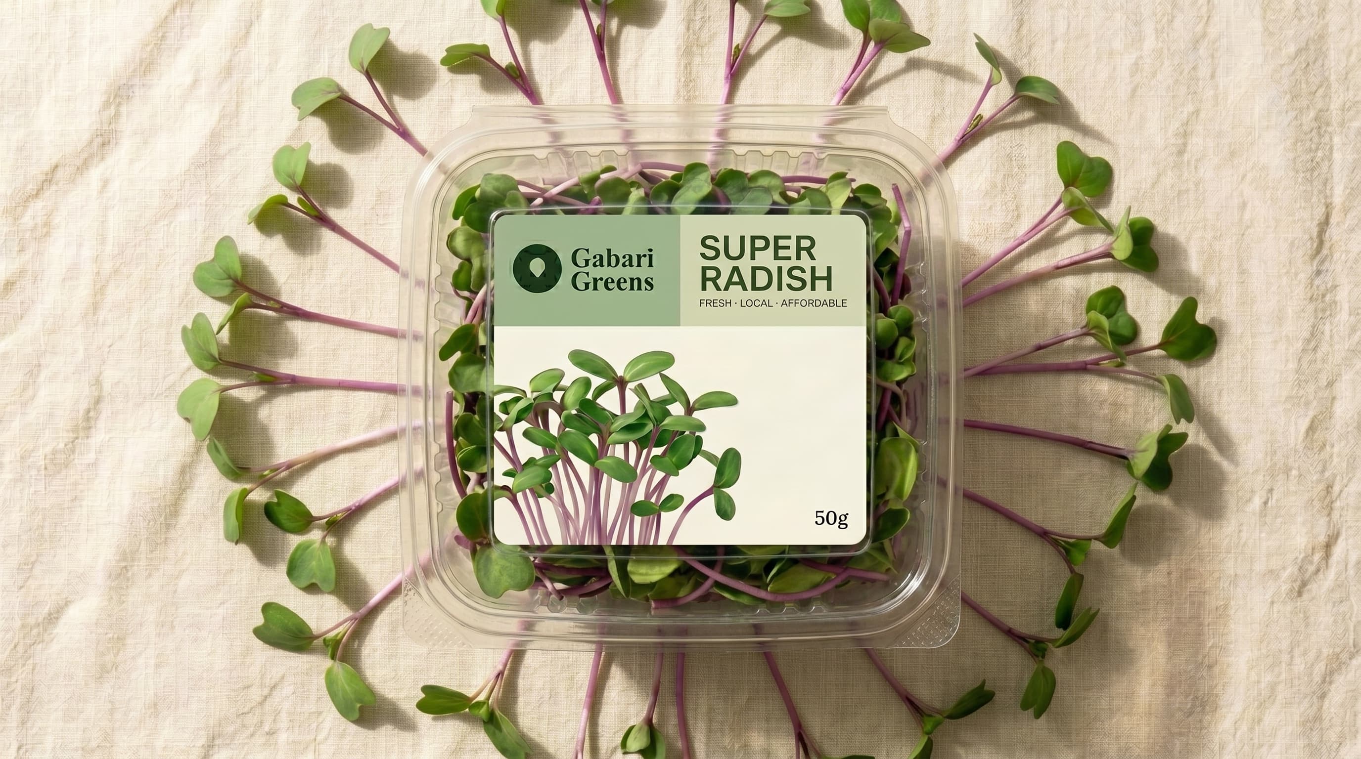 Gabari Greens Radish microgreens in a 50g clamshell