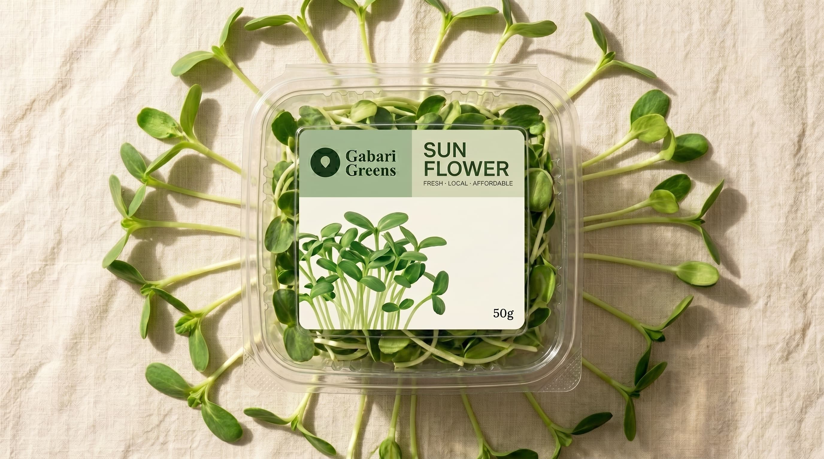 Gabari Greens Sunflower microgreens in a 50g clamshell