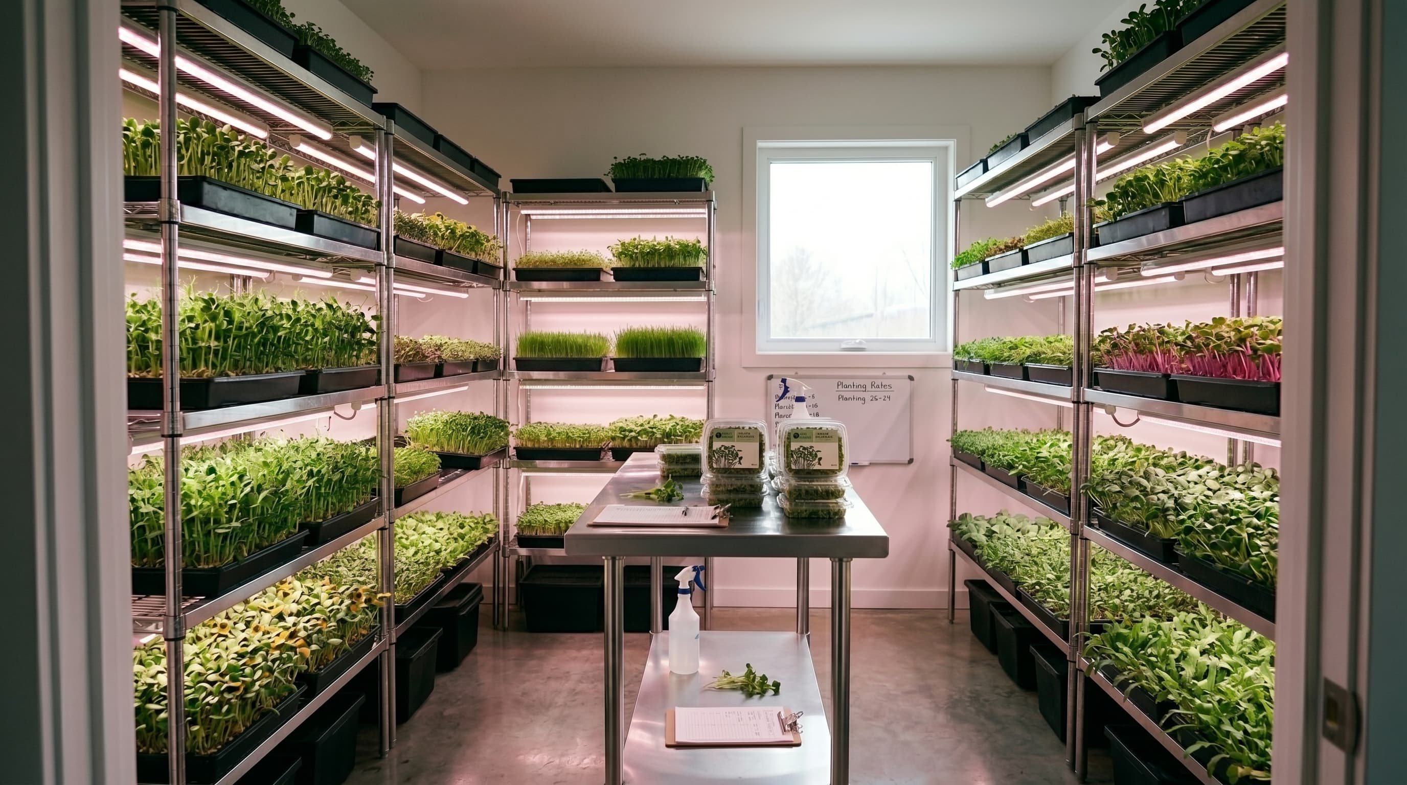 Gabari Greens farm fully operational — grow racks filled with microgreens under LED lights